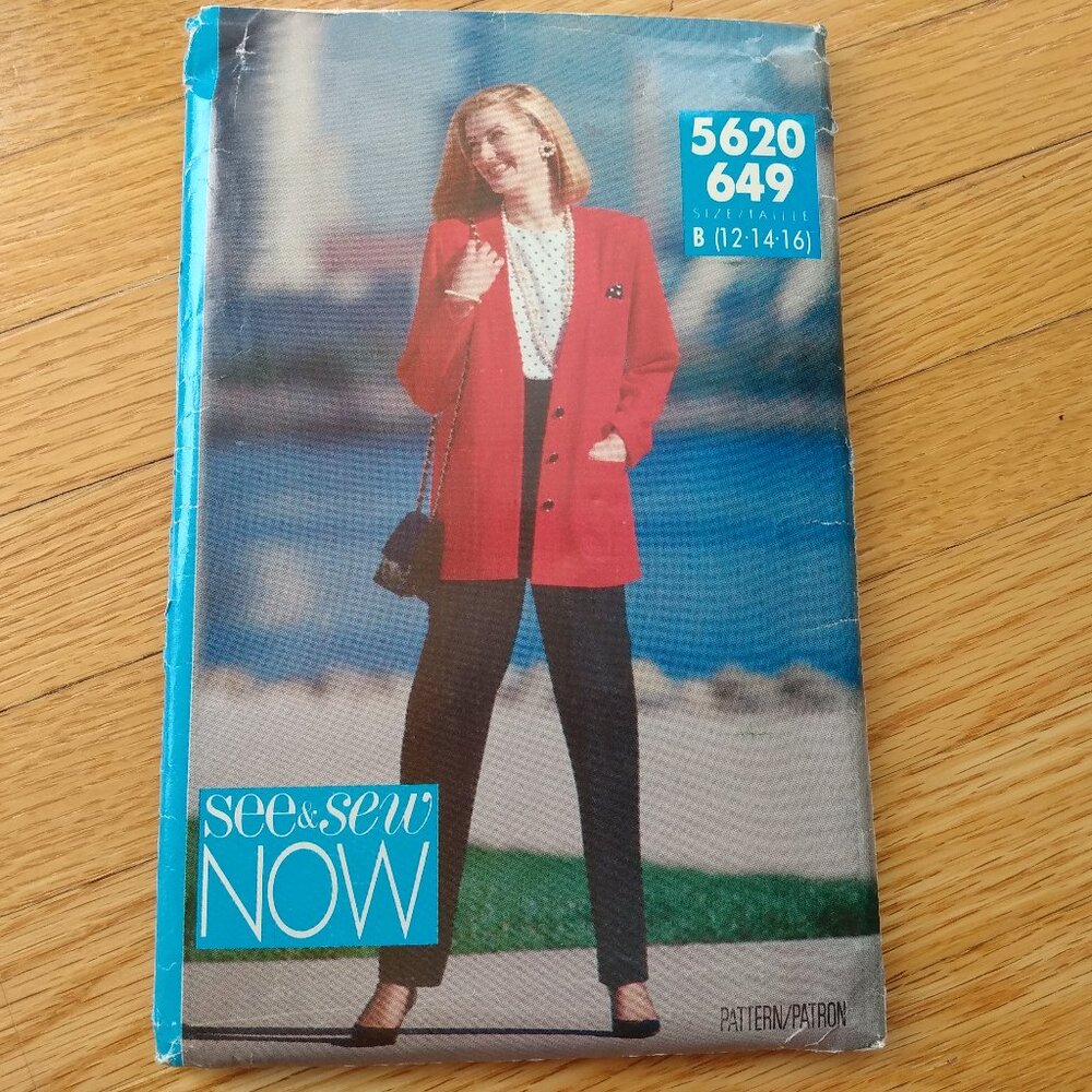 Jacket, Top and Pants Sewing Pattern Size 12-16 See & Sew 5620 UNCUT Vintage 90s